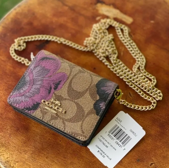 COACH 🇺🇲Mini Wallet in Signature Canvas with purple Kaffee Fassett Print hand - Picture 3 of 16